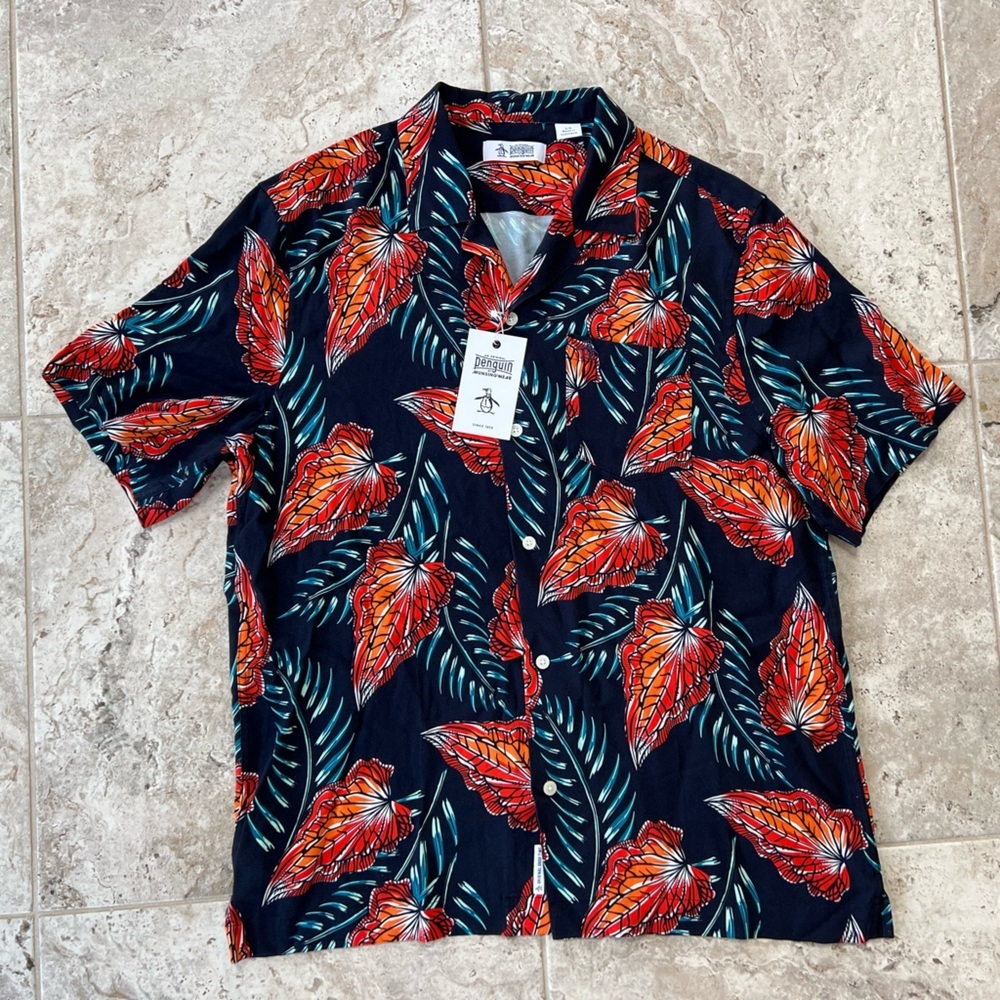 Original Penguin NWT Leaves Short Sleeve Button Down Slim Fit Camp Shirt, L - Picture 11 of 11